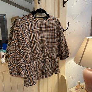 Zara Empire waist plaid top with button front and bow tie detail